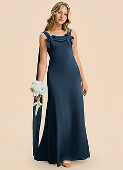 Azazie Chelsea Junior Dark Navy Sheath Pleated Stretch Satin Dress image3