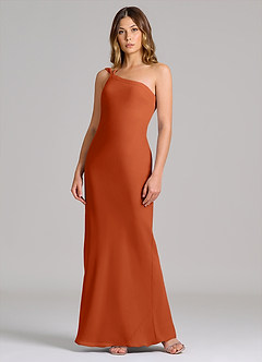 Azazie Monroe Robes de demoiselle d'honneur Robe Fourreau en Mousseline de soie Une épaule Orange Brûlée image3