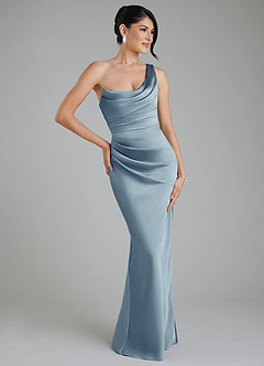 Azazie Sabrina At-home Try On Dresses Dusty Blue Mermaid Corset Stretch Satin Dress image1