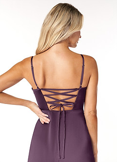 Azazie Marchella Bridesmaid Dresses Plum A-Line Corset Stretch Satin Dress image3
