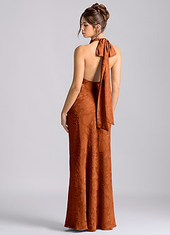 Azazie Velli Vestidos de damas de honor Vestido de Naranja Quemada de Devorado Floral de Corte Sirena con Cuello Alto image2