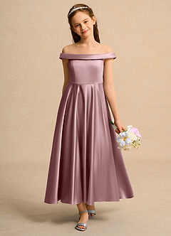 Azazie Teeny Junior Formal Sukienki dla dziewczynek sypiących kwiaty Linia A Pofałdowany Matowy satynowy Długość kostki Sukienka image3