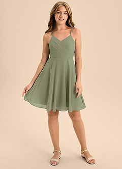 Azazie Avelina Junior Abito A-Line in Chiffon Plissettato Pistacchio image1
