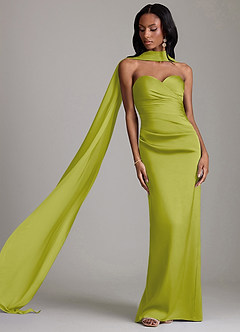 Azazie Sonora Vestidos de damas de honor Vestido de Hierba De Limón de Satén Elástico de Corte Recto con Sin tirantes image8