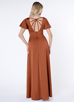 Azazie Lani Bridesmaid Dresses Cedar Rose A-Line Flounce Sleeve Stretch Satin Dress image2
