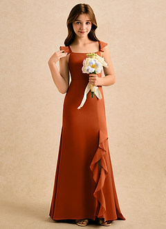 Azazie Novalie Girls Formal Robe Demoiselle D'honneur Fillette Robe Sirène en Satin extensible Arc Orange Brûlée image5