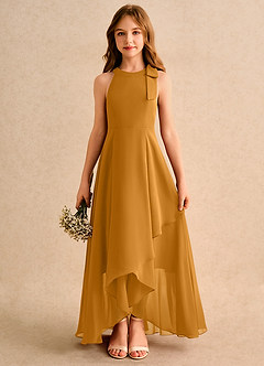 Azazie Boop Girls Formal Robe Demoiselle D'honneur Fillette Robe Trapèze en Mousseline de soie Arc Caramel écossais image1