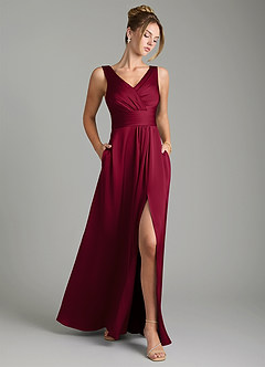 Azazie Karina Bridesmaid Dresses Burgundy A-Line Pleated Stretch Satin Dress image1
