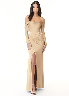 Azazie Hallie Bridesmaid Dresses Champagne Sheath Off-The-Shoulder Long Sleeve Stretch Satin Convertible Dress image4