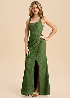 Azazie Mero Junior Olive Sheath Pleated Floral Burnout Dress image5