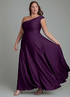 Azazie Melanie Bridesmaid Dresses Grape A-Line Off the Shoulder Stretch Satin Dress image10