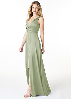 Azazie Nelly Robes de demoiselle d'honneur Robe Trapèze en Satin extensible Col en V Plissé Vert Sauge image3