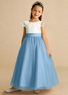 Azazie Pookie Flower Girl Dresses Steel Blue A-Line Lace Tulle Dress image1