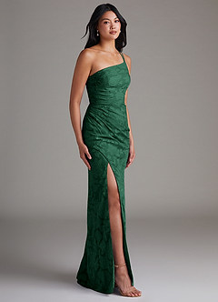 Azazie Eren Bridesmaid Dresses Dark Green Sheath One Shoulder Floral Burnout Dress image3