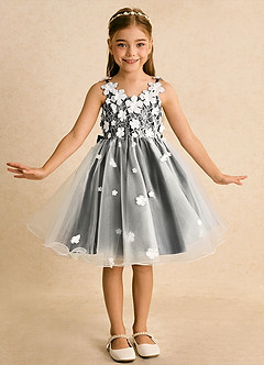 Azazie Junebug vestidos de niña de las flores Vestido de Marfil Negro de Tul de Princesa con Encaje image3