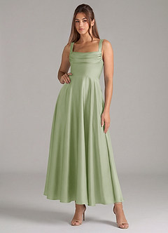 Azazie Shaude Bridesmaid Dresses Dusty Sage A-Line Pleated Stretch Satin Dress image1