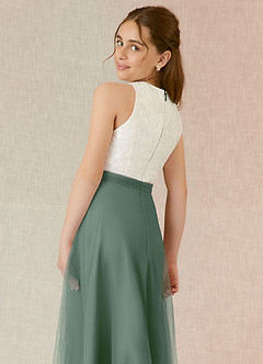 Azazie Albertine Junior Vestir Eucalipto de Chiffon de Linha A com Renda image6