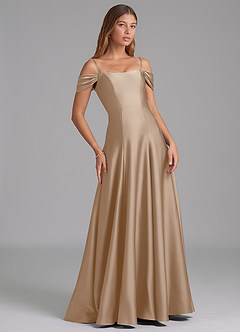 Azazie Seriana 신부 들러리 드레스 A라인 오프 더 숄더 스트레치 새틴 바닥 길이 드레스 image6