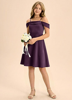 Azazie Anselie Junior Plum A-Line Pleated Stretch Satin Dress image1