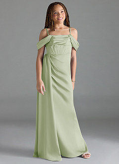 Azazie Amyra Junior Dusty Sage Sheath Off the Shoulder Stretch Satin Dress image3