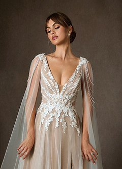 Azazie Goddess Wedding Dresses Diamond White Caramel A-Line V-Neck Sequins Tulle Dress image7
