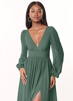 Azazie Norah Bridesmaid Dresses Sea Moss A-Line V-Neck Long Sleeve Chiffon Dress image5