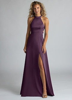 Azazie Clarice Bridesmaid Dresses Plum A-Line High Neck Stretch Satin Dress image4