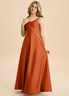 Azazie Bug Junior Burnt Orange A-Line Pleated Stretch Satin Dress image3