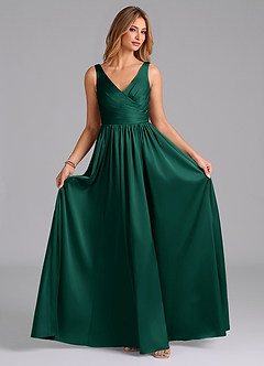 Azazie Keyla Bridesmaid Dresses Emerald A-Line Pleated Stretch Satin Dress image4