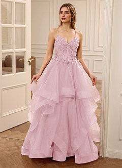 Zinnia Pink A-line Floral V-neck Tulle Tier Prom Dress image1