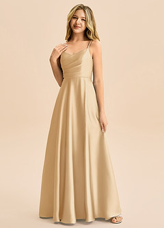 Azazie Rumi Junior Abito A-Line in Raso Elasticizzato Plissettato Oro image3