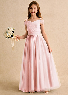 Azazie Yuna Girls Formal 플라워 걸 드레스 A라인 오프 더 숄더 얇실버 명주 그물 플로어 길이 드레스 image5