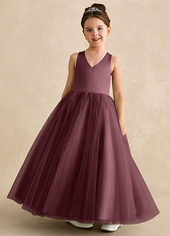 Azazie Peanut Robe Demoiselle D'honneur Fillette Robe Trapèze en Tulle Bretelle Sangria image4