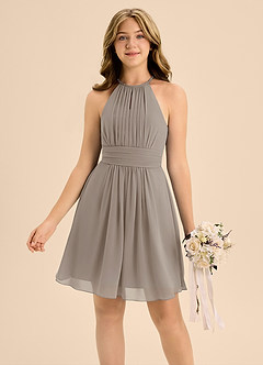 Azazie Bonnie Junior Taupe A-Line Pleated Chiffon Dress image3