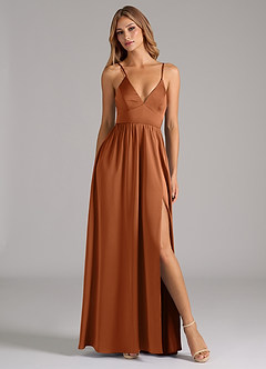 Azazie Aaida Bridesmaid Dresses Copper A-Line Corset Stretch Satin Dress image5