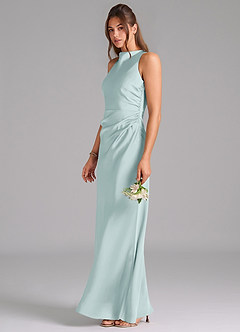 Azazie Evadne Robes de demoiselle d'honneur Robe Trapèze en Satin extensible Plissée Brume image1
