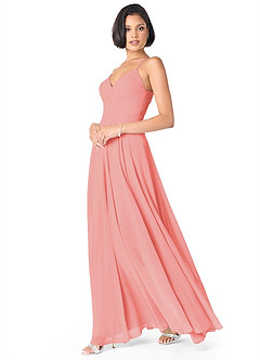 Azazie Avelina Bridesmaid Dresses Coral A-Line V-Neck Pleated Chiffon Dress image3