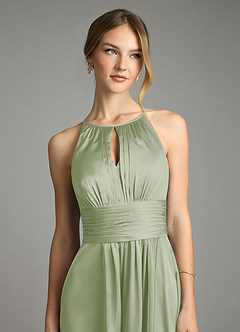 Azazie Bonnie Bridesmaid Dresses Dusty Sage A-Line Pleated Stretch Satin Dress image2