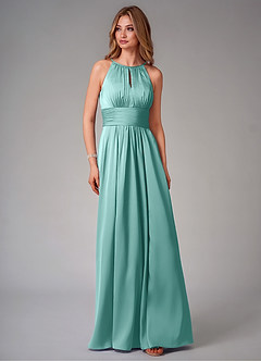 Azazie Bonnie Bridesmaid Dresses Aqua A-Line Pleated Stretch Satin Dress image6