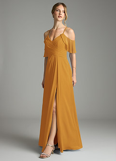 Azazie Dakota Bridesmaid Dresses Butterscotch A-Line V-Neck Pleated Chiffon Dress image4