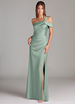 Azazie Wynter Robes de demoiselle d'honneur Robe Fourreau en Satin extensible Asymétrique Agave image1