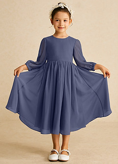 Azazie Lolo Robe Demoiselle D'honneur Fillette Robe Trapèze en Mousseline de soie avec manches Bleu Orageux image3
