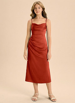 Azazie Mai Junior Osłona Pofałdowany Satyna elastyczna Długość herbaty Młodsza druhna Sukienka image3