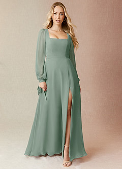 Azazie Leonia Bridesmaid Dresses Silver Sage A-Line Long Sleeve Chiffon Dress image3