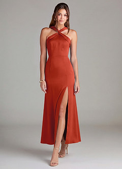 Azazie Rue 신부 들러리 드레스 인어 주름진 스트레치 새틴 발목 길이 드레스 image3