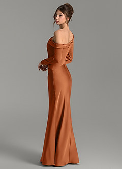 Azazie Sandra Bridesmaid Dresses Copper Mermaid Long Sleeve Stretch Satin Dress image2