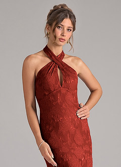 Azazie Marlissa Bridesmaid Dresses Terracotta Sheath Pleated Floral Burnout Dress image4