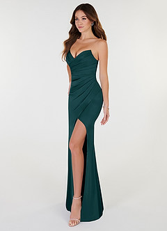 Azazie Yola Bridesmaid Dresses Pine Sheath V-Neck Pleated Stretch Satin Convertible Dress image3