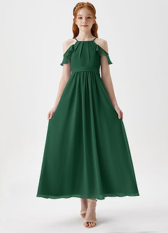 Azazie Chaya Junior Dark Green A-Line Off the Shoulder Chiffon Dress image4