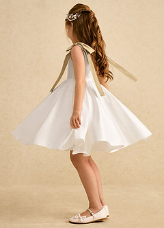 Azazie Stacie Flower Girl Dresses Ivory Gold A-Line Bow Matte Satin Dress image3